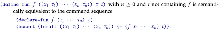 Screenshot of the SMT-LIB specification, defining &ldquo;define-fun&rdquo; as equivalent to declaring the named function using &ldquo;declare-fun&rdquo;, and asserting its behavior using a &ldquo;forall&rdquo; ranging over the input variables.